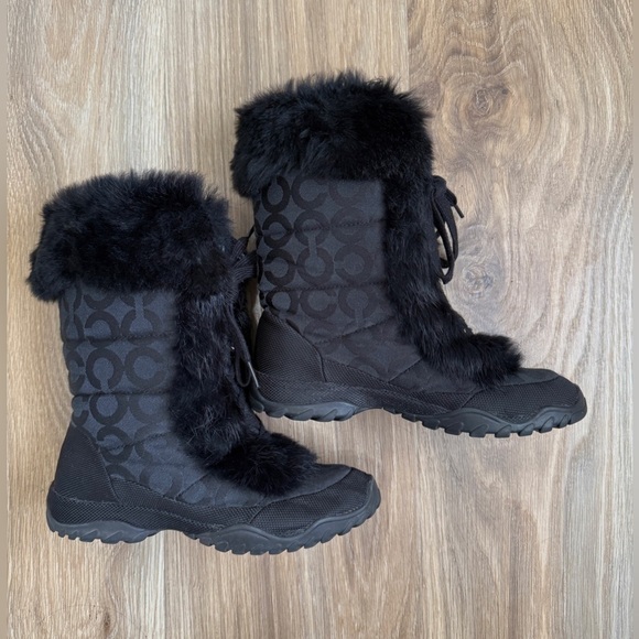 COACH Jennie Rabbit Fur Trim Monogram Jacquard Winter Snow Boots - Black 6B LNC - Picture 1 of 8